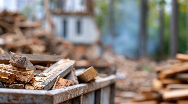 Broken wood planks in rusty metal skip at construction site