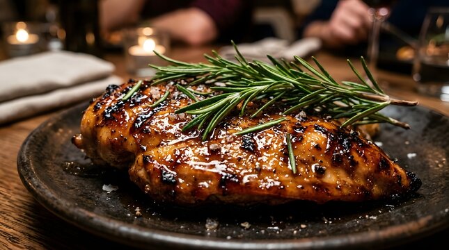 Grilled chicken breast seasoned with fresh rosemary on dark plate on wooden table in dim warm light.