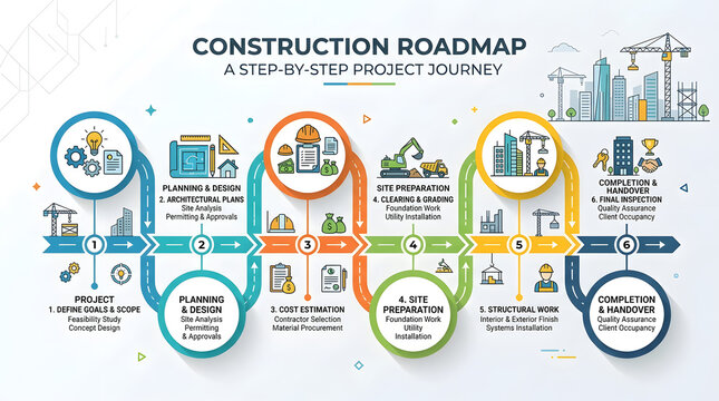 Colorful construction roadmap infographic showing steps of a building project