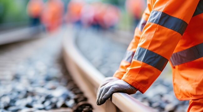 Railway worker in orange high visibility jacket resting hand on track