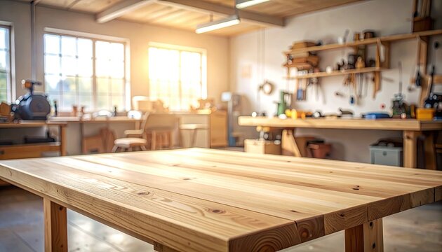 Sunlit Woodworking Workshop with Large Wooden Table in Foreground.