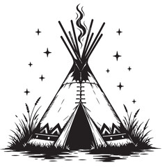 Traditional Native American Teepee Tent Camping Under Night Sky Illustration © Anh Hoang
