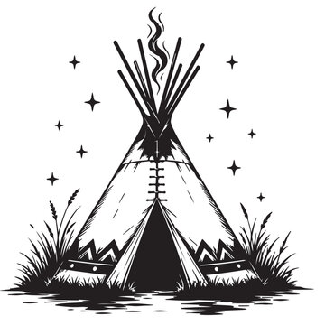 Traditional Native American Teepee Tent Camping Under Night Sky Illustration