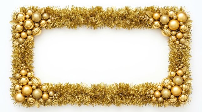 Christmas tinsel and bauble border isolated on white background