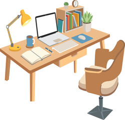Fototapeta premium Modern Study Workspace Vector Illustration with Desk, Laptop, Bookshelf and Learning Essentials.eps
