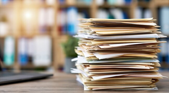 Large stack of manila folders and papers on office desk