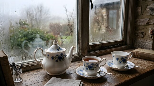 Vintage floral tea set on rustic wooden windowsill overlooking misty foggy rainy landscape in morning.