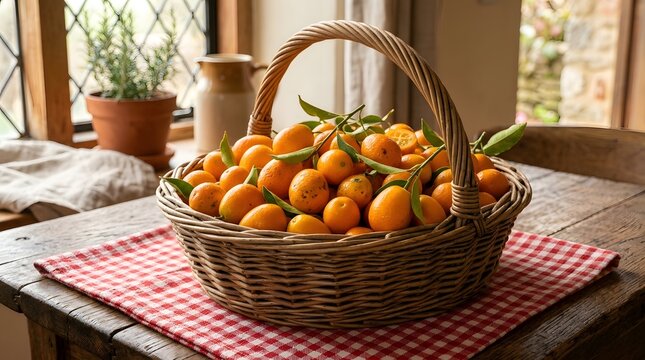 Wicker basket brimming with fresh organic mandarins, kumquats, and tangerines on rustic wooden table.