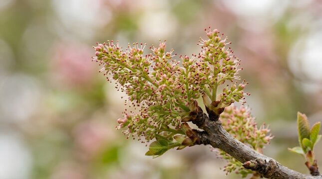 Budding tree branch with green and pink blossoms emerging in spring against blurred forest background.