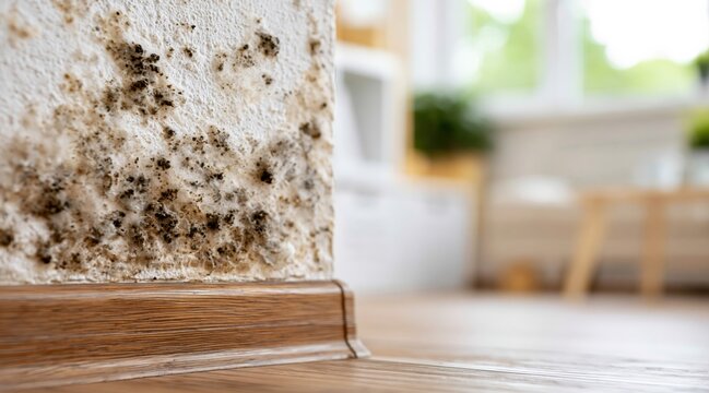 Black mold and fungus growing on indoor white wall near wooden baseboard