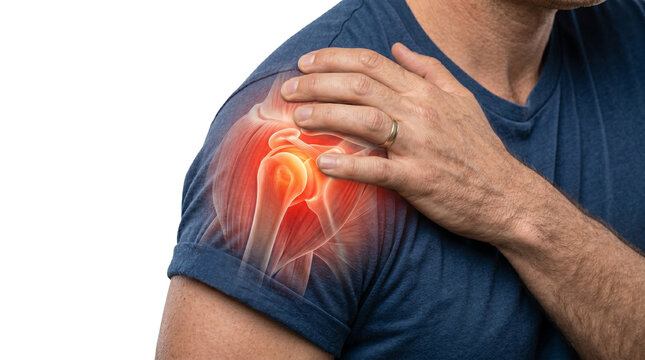 Shoulder pain and joint inflammation, man holding painful arm with red glowing injury highlight, orthopedic medical concept of bursitis or arthritis isolated PNG with Transparent Background