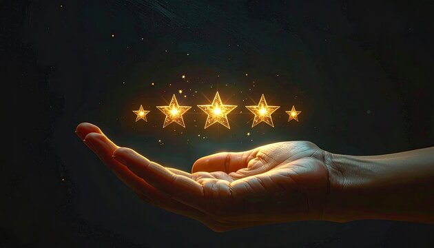 Hand holding glowing five-star rating with sparkles.