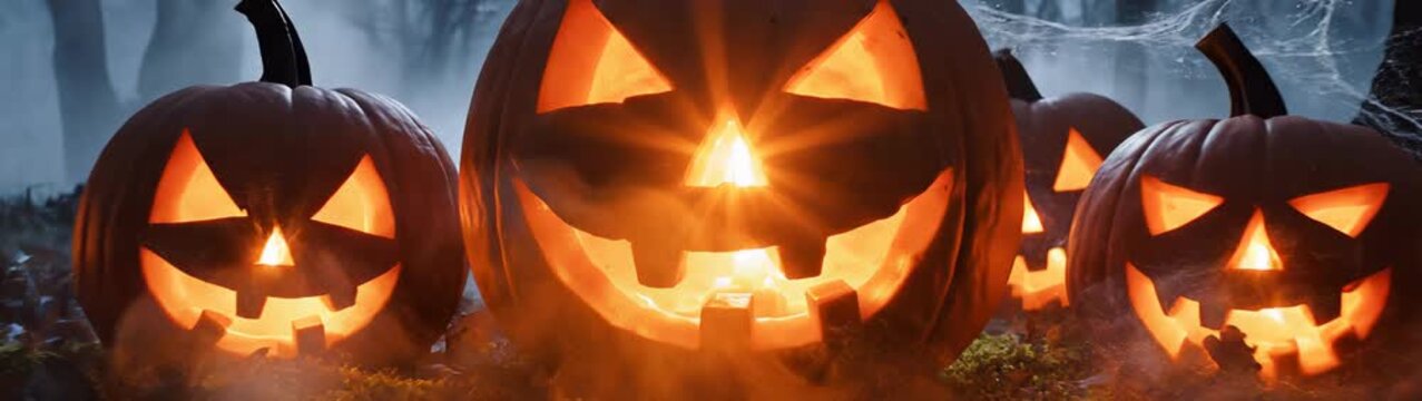 Glowing carved halloween pumpkins creating an eerie atmosphere in a forest surrounded by fallen leaves and dense mist at night.