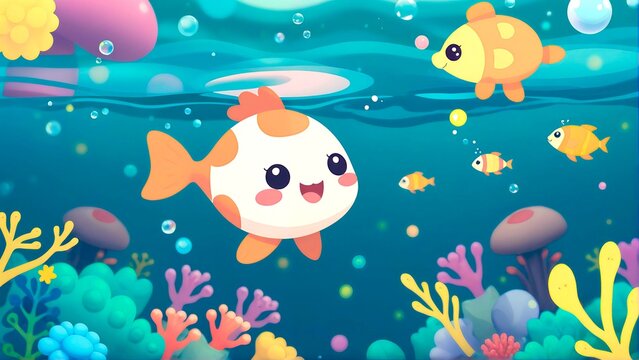 Colorful cartoon underwater world with happy cute fish and corals