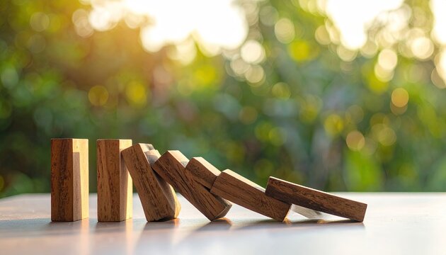 Domino Effect of Falling Wooden Blocks Symbolizing Risk and Consequence.