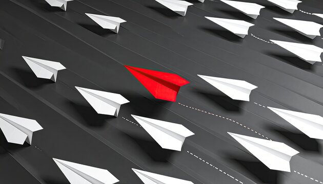 Red Paper Airplane Leads White Airplanes in a Unique Direction.