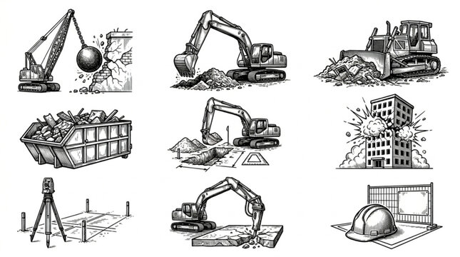 Construction and Demolition Equipment and Scenes Sketch Collection.