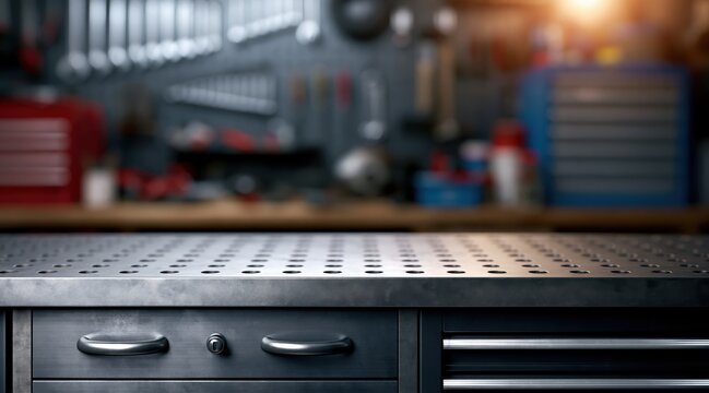 Metal workbench in professional workshop with blurred tools background