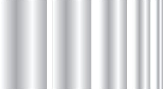 Set of five metallic silver cylinders of different widths with a glossy gradient effect