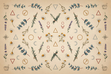 Obraz premium Vintage pattern of medicinal herbs, chamomile, lavender, eucalyptus leaves, mortar, pestle, and celestial geometric symbols on parchment