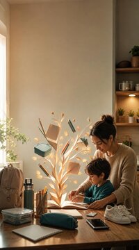 Mother and child studying together with a creative tree of knowledge and school supplies