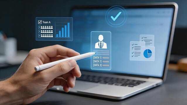Businessman using stylus to interact with futuristic hologram data interface, digital analytics, team management charts and user profiles floating above laptop screen