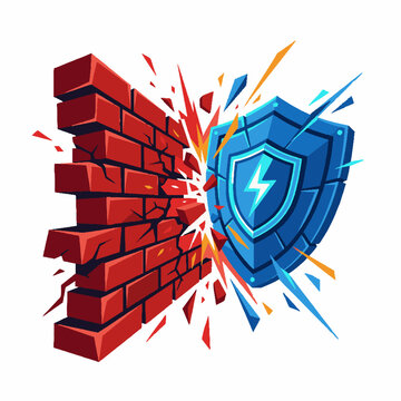 Blue magical shield breaking through a red brick wall with sparks and debris.