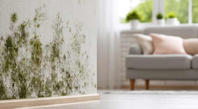 Green mold growth on white wall in living room