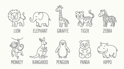Fototapeta premium Adorable Wild Animal Outline Vector Icons for Kids Coloring