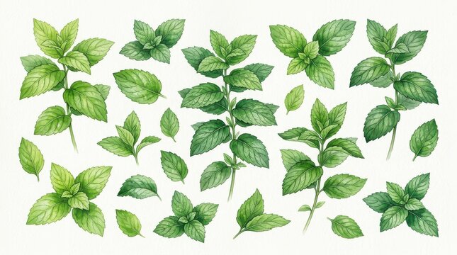Watercolor illustration of fresh green mint leaves and sprigs