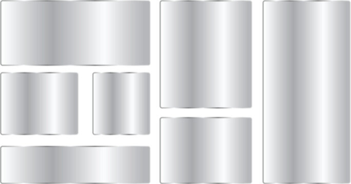 Set of blank metallic banners and frames, silver glossy rectangular plates with rounded corners, empty chrome labels for design elements, shiny metal buttons and signs collection