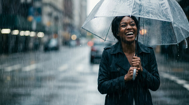 Happy woman laughing under transparent umbrella in rainy city street