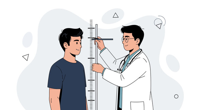 Doctor measures patient's height using stadiometer in modern flat illustration style