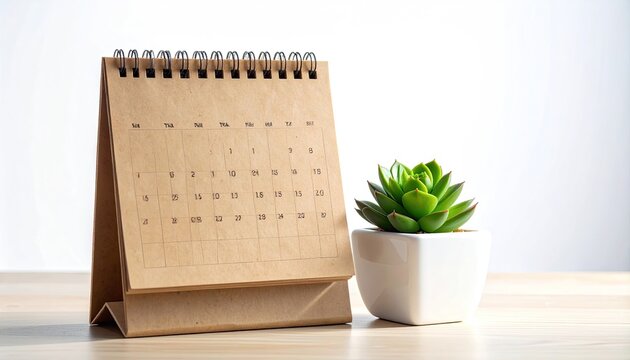 Minimalist Desk Setup with a Kraft Paper Calendar and a Potted Succulent Plant.
