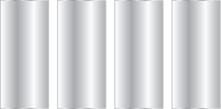 Set of four metallic silver cylindrical columns or pillars with a glossy gradient finish