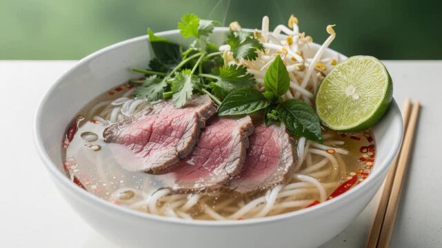 Delicious Vietnamese beef pho soup with fresh herbs lime and bean sprouts in white bowl with chopsticks