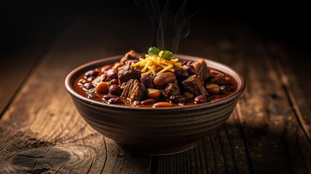 Hot homemade chili with beans and beef topped with shredded cheese and parsley in a rustic bowl