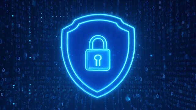 Cybersecurity data protection digital shield secure padlock lock privacy network encryption glowing neon blue background technology security cyberattack prevention safety concept