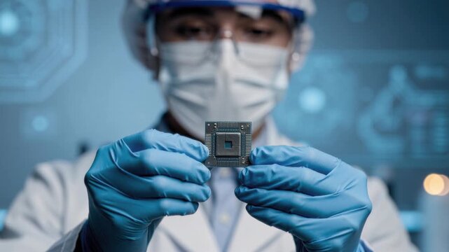 Scientist in lab holding microchip technology for advanced electronics and innovation