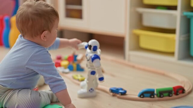 Toddler boy sitting on floor holding a toy robot and reaching for wooden train on playmat inside building; curiosity play development.
