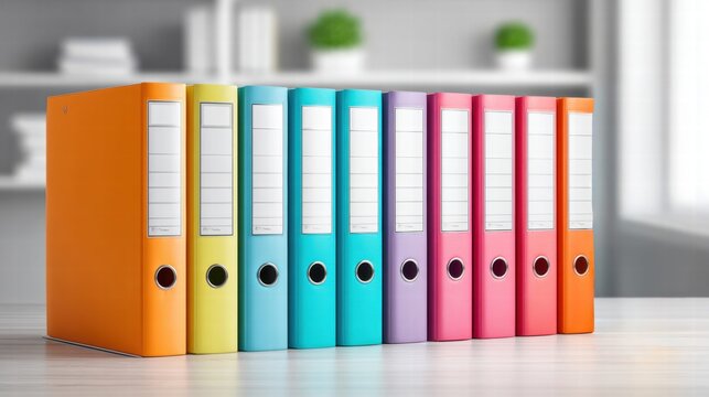 A row of colorful binders stands neatly on a wooden desk, perfect for office or study visuals.
