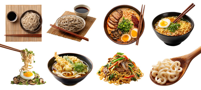 Set of japanese noodles, Udon Soba Yakisoba Somen ramen, uncooked cook, dry soup, fork chopstick, with ingredients, stack pile, transparent cutout PNG. Mockup