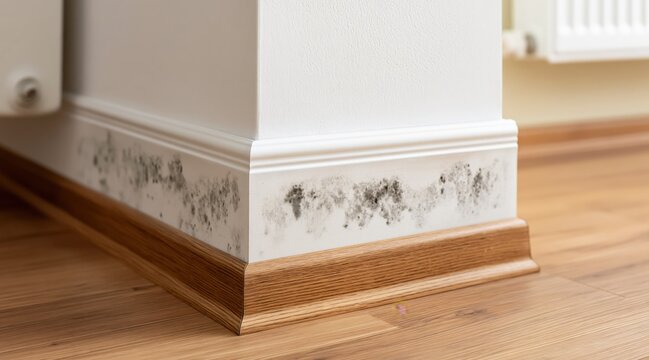Black mold growing on white skirting board in corner of room