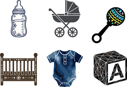 Baby care vector icon bundle featuring feeding bottle stroller rattle crib onesie and alphabet toy block