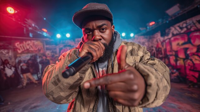 Charismatic rapper gestures toward the audience while delivering a powerful performance under vibrant blue and red stage lights.