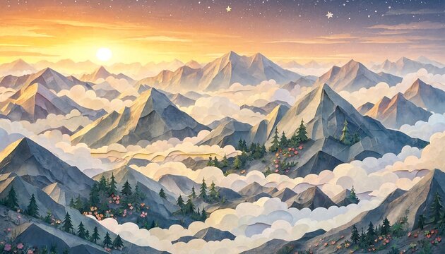 Mountain range landscape with clouds and sunset, serene natural scenery with trees and flowers, peaceful evening view