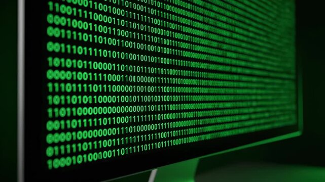 Glowing green binary code on a computer screen, angled view, close-up