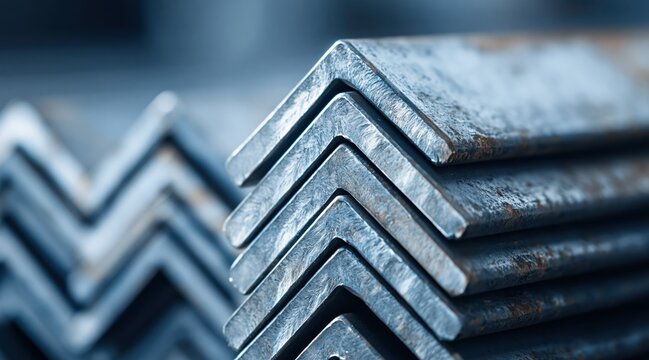 Close up of stacked L-shaped steel angle iron bars