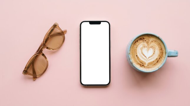 Smartphone with blank white screen next to sunglasses and a cup of latte art coffee on a pink background