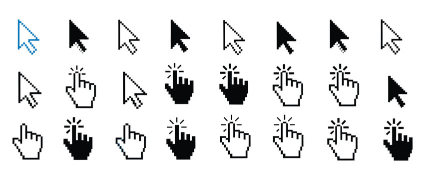 Cursor click icon set, arrow pointer and hand mouse cursor forms, computer interface navigation symbols vector illustration.